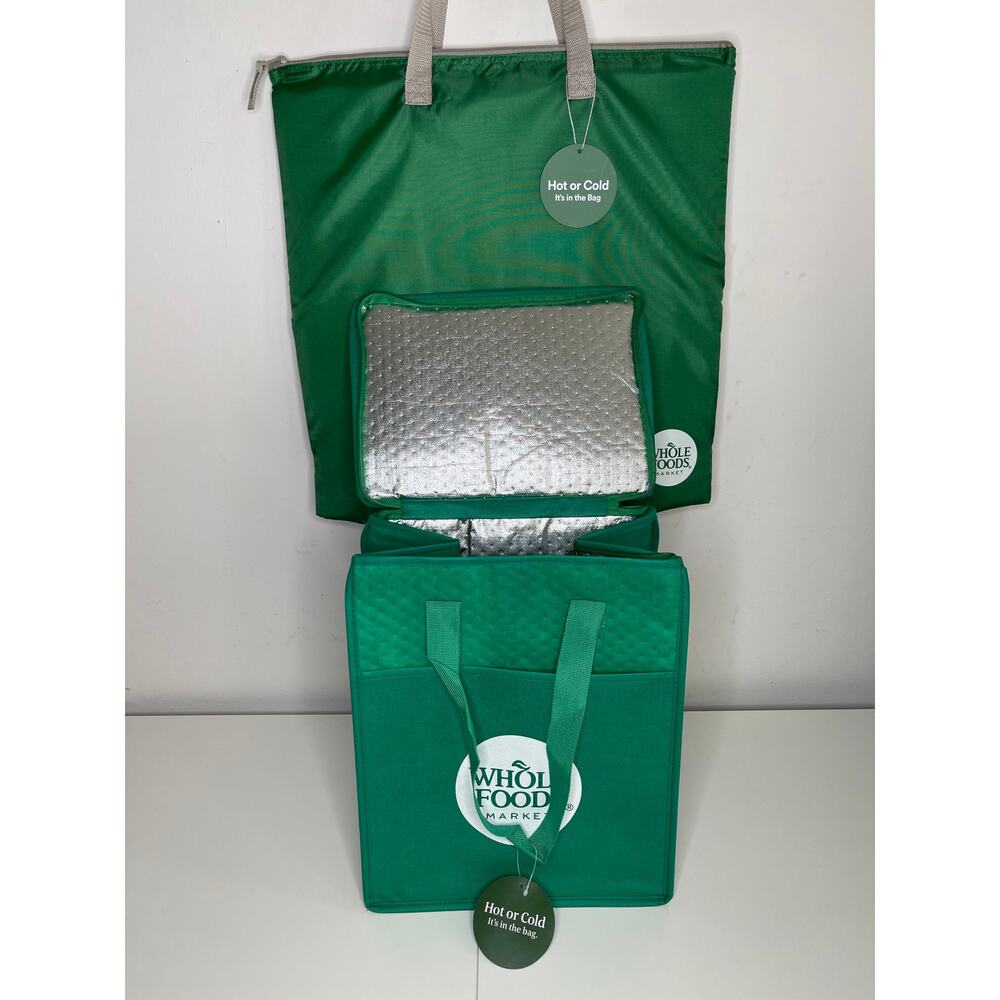 Set of 2! Whole Foods Hot Cold Insulated Cooler Tote Bags, Green Gray White Logo - Picture 13 of 14